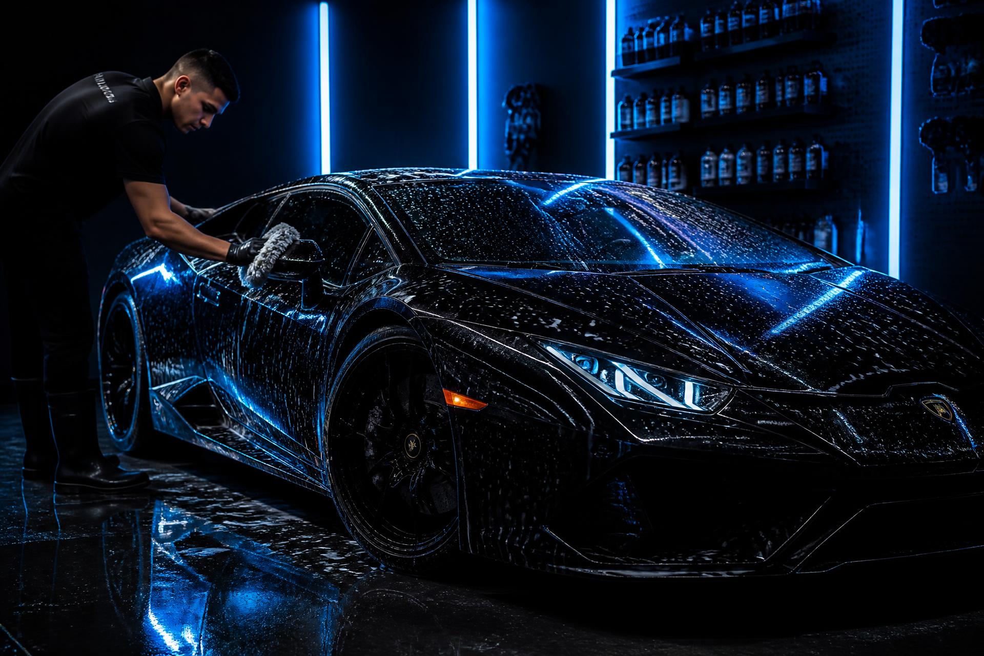 Carro premium sendo lavado com iluminação azul